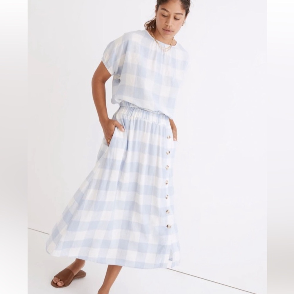 Madewell skirt & top set: Linen-Blend Side-Button Midi Gingham Check